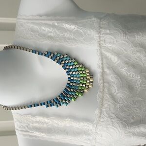 Elegant Silver Blue And Green Ribbon Statement Necklace